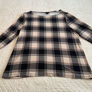 Ann Taylor Black and Cream Plaid 3/4 Length Sleeve Top